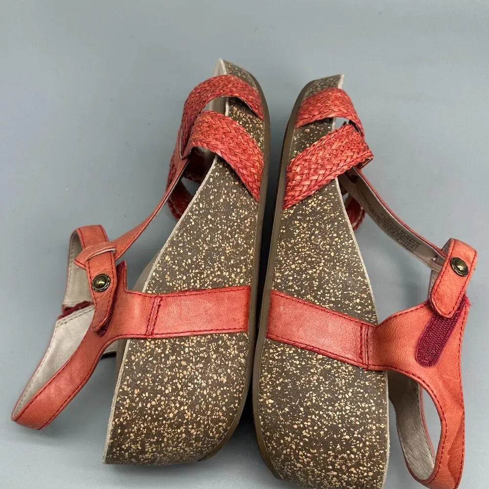Abeo Urmy Women's 7 Orange Woven Leather Cork Hook & Loop T-Strap Wedge Sandals